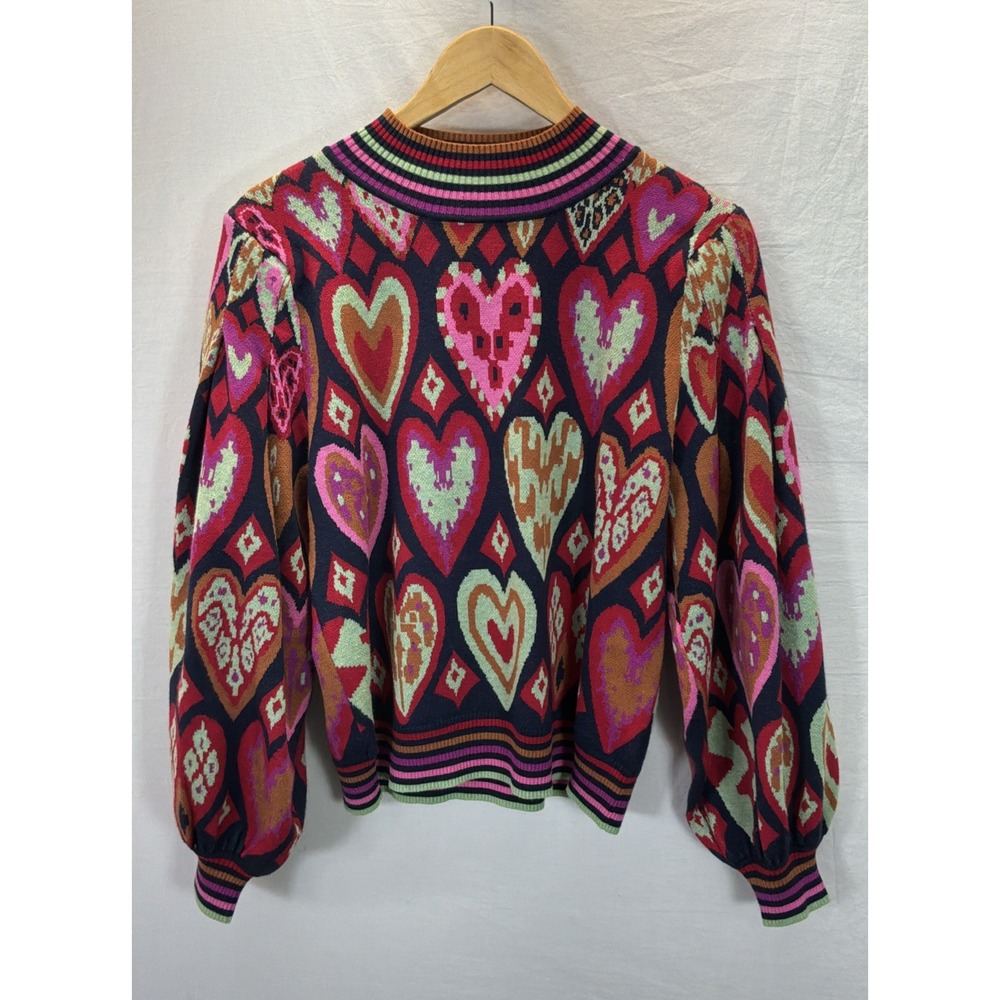 New Avara Women's Multicolor Heart Print Sweater Puff Sleeve Mock Neck Size S